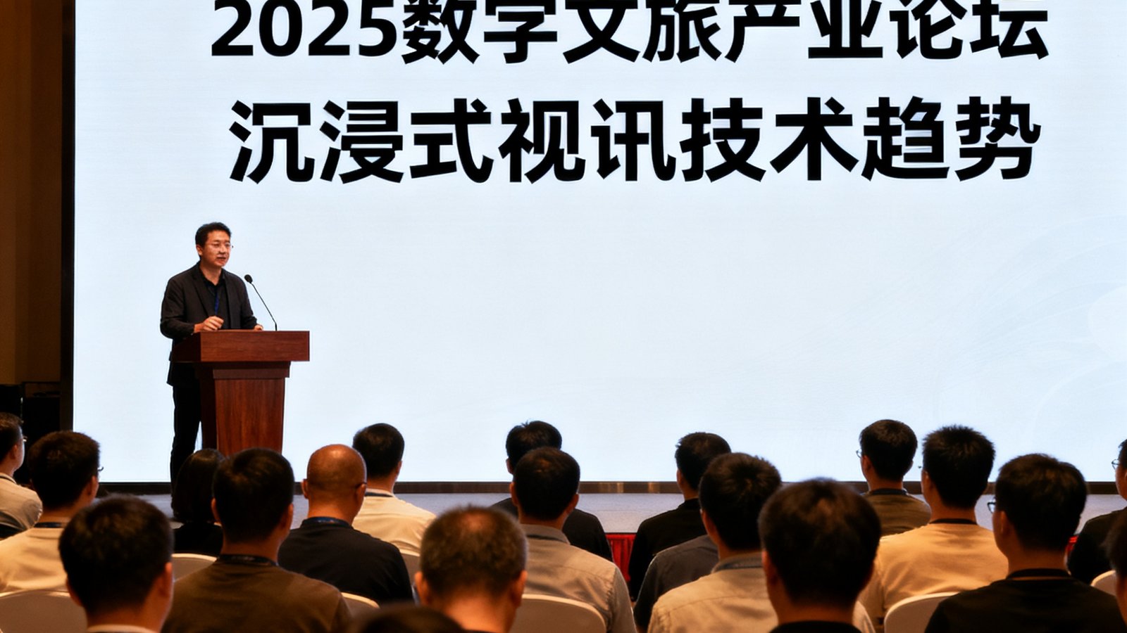 WM视讯技术负责人在2025数字文旅产业论坛上发表关于沉浸式视讯技术趋势的主题演讲，台下坐满行业听众